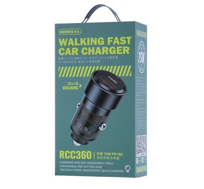 Автомобільний зарядний пристрій 75W REMAX Walking Series PD+QC 1C+1A Fast Car Charger RCC360