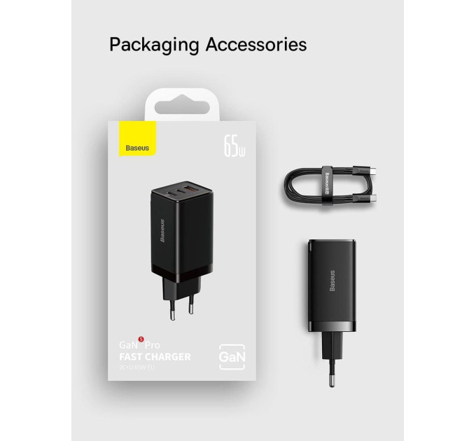 Мережевий зарядний пристрій Baseus GaN5 Pro 65W  (2C+U) PD3.0, QC4.0 (CCGAN65E5) Чорний