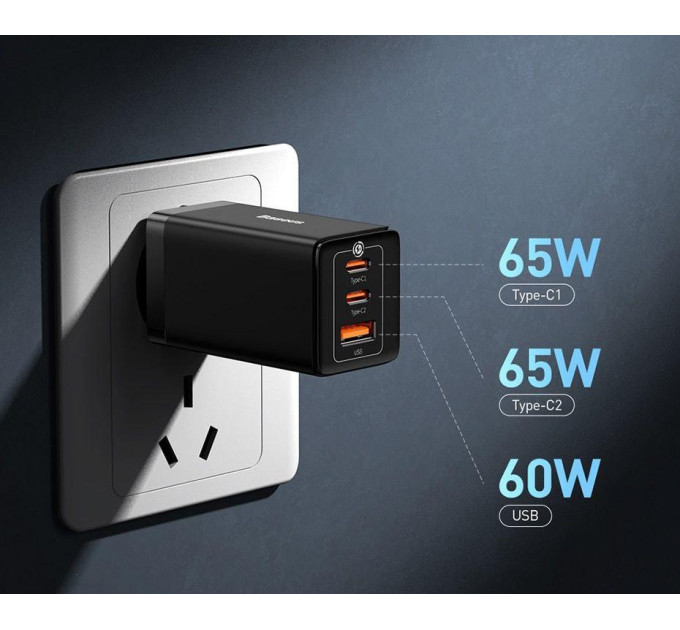 Мережевий зарядний пристрій Baseus GaN5 Pro 65W  (2C+U) PD3.0, QC4.0 (CCGAN65E5) Чорний