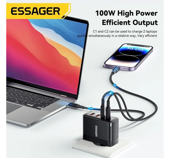 Мережевий зарядний пристрій Essager 100W GAN (2xType-C + 2xUSB-A)  ES-CD37 чорне