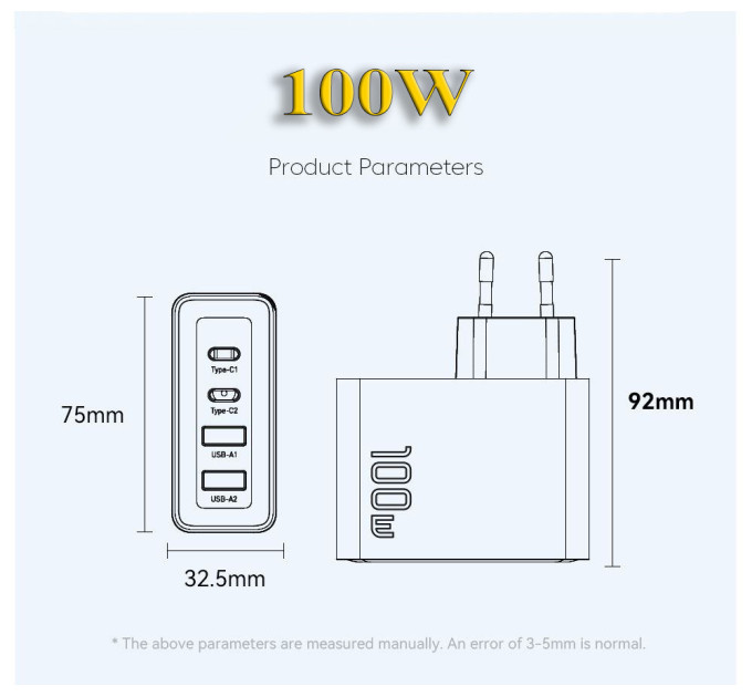 Мережевий зарядний пристрій Essager 100W GAN (2xType-C + 2xUSB-A)  ES-CD37 чорне