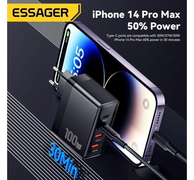 Мережевий зарядний пристрій Essager 100W GAN (2xType-C + 2xUSB-A)  ES-CD37 чорне
