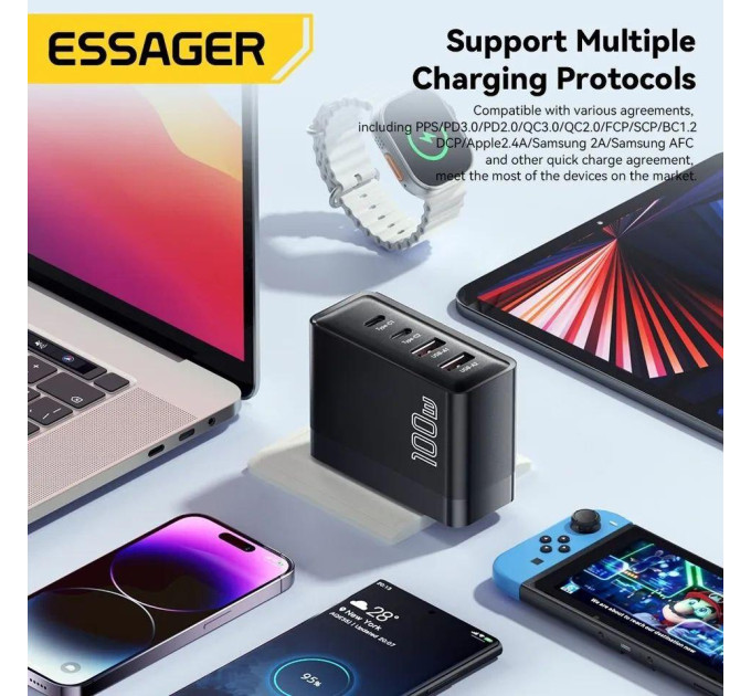 Мережевий зарядний пристрій Essager 100W GAN (2xType-C + 2xUSB-A)  ES-CD37 чорне
