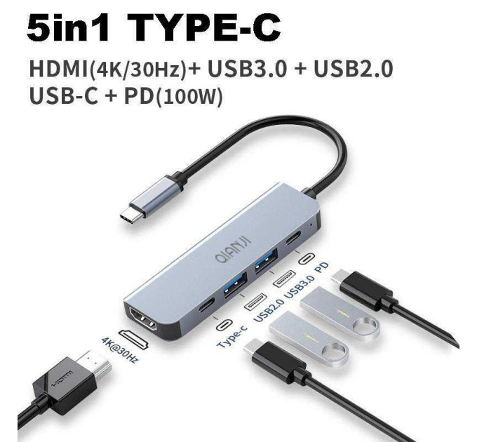 USB 3.0 хаб + конвертер HDMI 4K Qianji 5 у 1