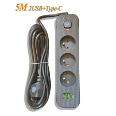 Мережевий фільтр-подовжувач 5м Power Strip 3 розетки 2xUSB-A 1xUSB-C із заземленням Мережевий фільтр-подовжувач 5м Power Strip 3 розетки 2xUSB-A 1xUSB-C із заземленням