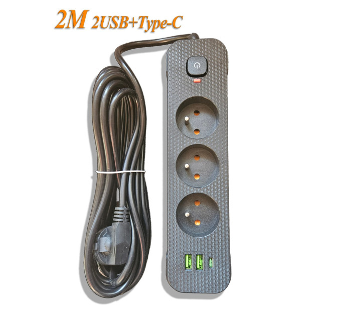 Мережевий фільтр-подовжувач 2м Power Strip 3 розетки 2xUSB-A 1xUSB-C із заземленням