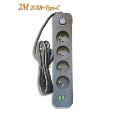 Мережевий фільтр-подовжувач 2м Power Strip 4 розетки 2xUSB-A 1xUSB-C із заземленням Мережевий фільтр-подовжувач 2м Power Strip 4 розетки 2xUSB-A 1xUSB-C із заземленням