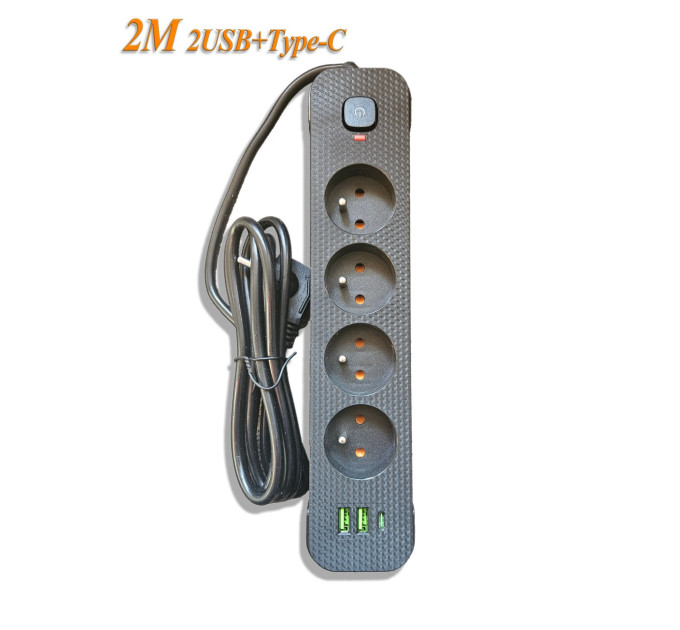 Мережевий фільтр-подовжувач 2м Power Strip 4 розетки 2xUSB-A 1xUSB-C із заземленням Мережевий фільтр-подовжувач 2м Power Strip 4 розетки 2xUSB-A 1xUSB-C із заземленням