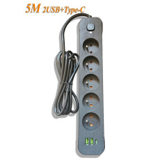 Мережевий фільтр-подовжувач 5м Power Strip 5 розеток 2xUSB-A 1xUSB-C із заземленням Мережевий фільтр-подовжувач 5м Power Strip 5 розеток 2xUSB-A 1xUSB-C із заземленням