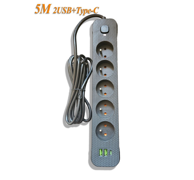 Мережевий фільтр-подовжувач 5м Power Strip 5 розеток 2xUSB-A 1xUSB-C із заземленням Мережевий фільтр-подовжувач 5м Power Strip 5 розеток 2xUSB-A 1xUSB-C із заземленням