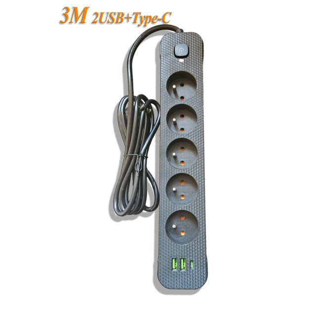 Мережевий фільтр-подовжувач 3м Power Strip 5 розеток 2xUSB-A 1xUSB-C із заземленням Мережевий фільтр-подовжувач 3м Power Strip 5 розеток 2xUSB-A 1xUSB-C із заземленням