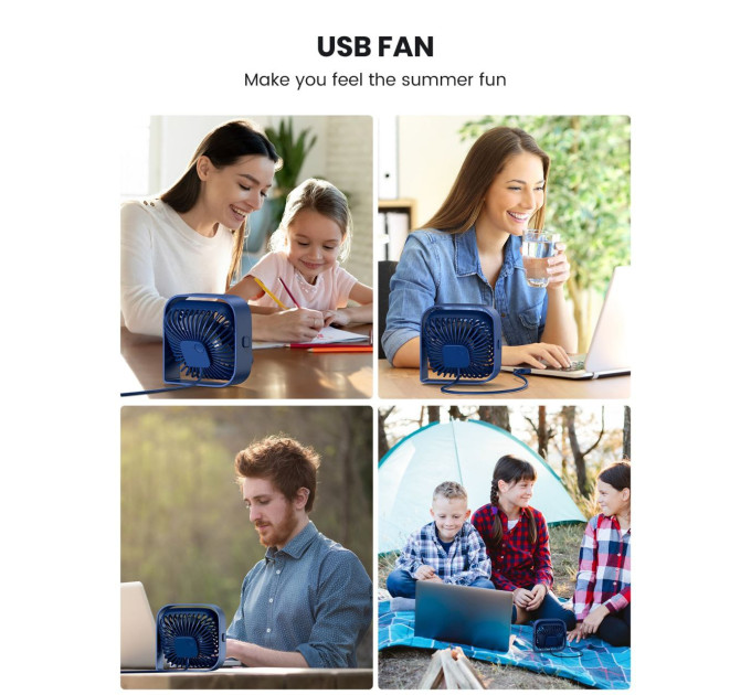 USB вентилятор портативний TOPK синій, 3 швидкості.