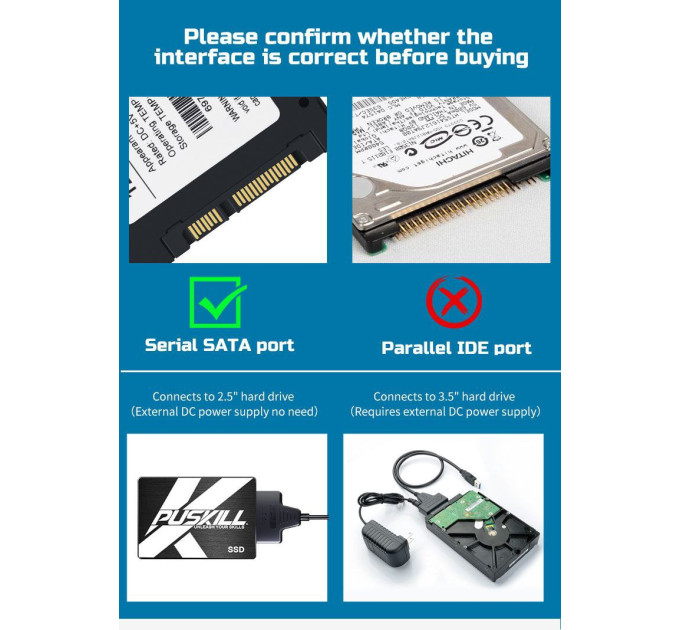 Перехідник SATA - USB 3.0 для жорсткого диску HDD SSD 3.5'' 2.5'' з Блоком живленяя SmartGo